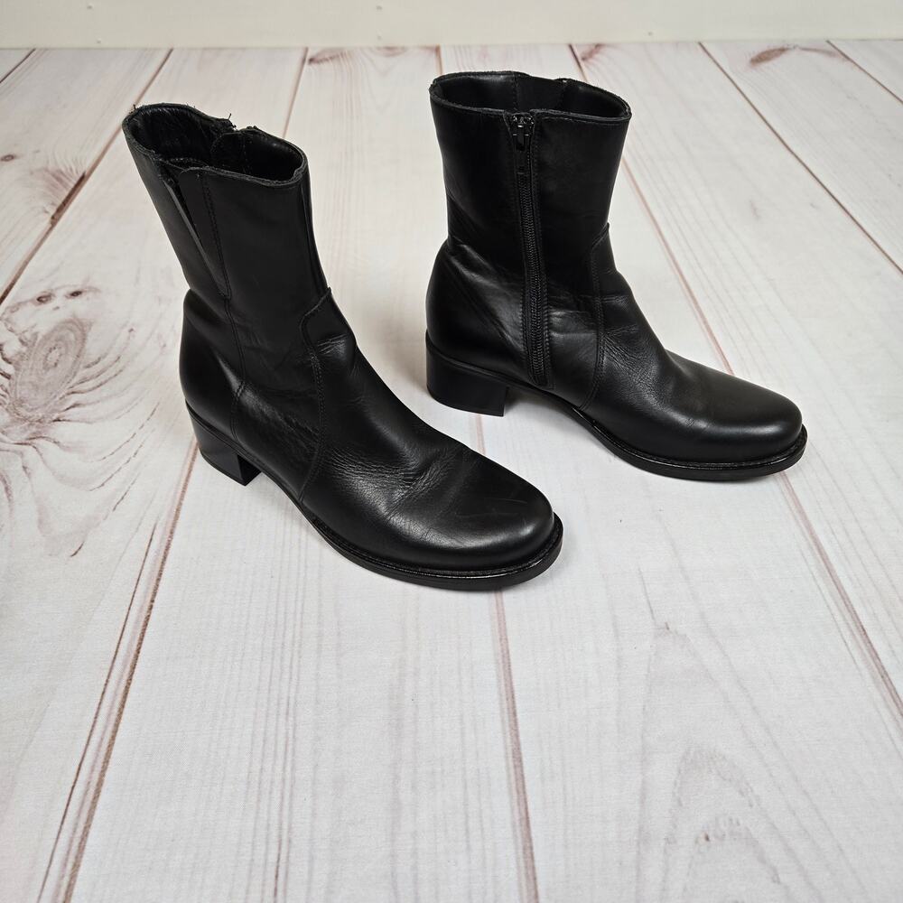 Vintage Y2K Black Leather Biker Chelsea Heeled Calf High Ankle Boots Womens 7.5